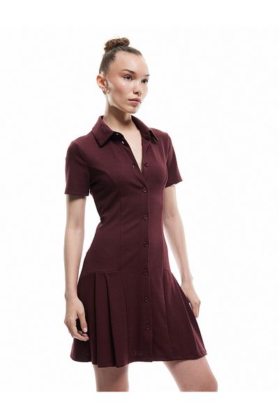 Koton New Season Pleated Mini Button Short Sleeve Viscose Blended Polo Collar Dress