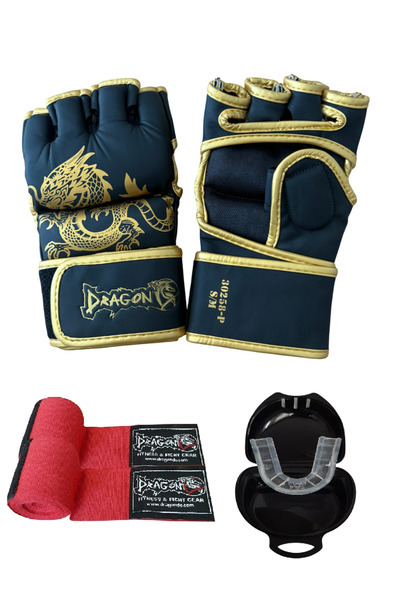 Dragondo GOLD FURY MMA Eldiveni Bandaj ve Şeffaf Dişlik 3’lü Set – Profesyonel MMA Giftoom