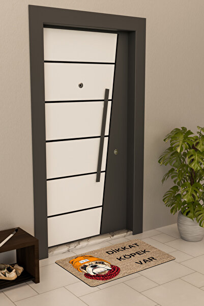 Dormot Kaliteli Dijital Baskı Kahverengi, Dikkat Köpek Varr temalı Kapı Önü Paspası