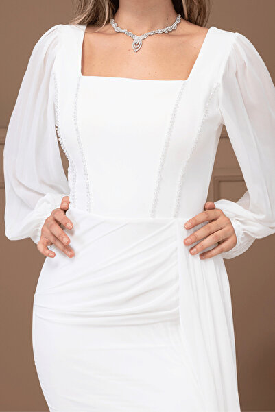 BEYBOS Atlas Kumaş Boncuk Detaylı Şifon Kol Kalem Elbise - BEYAZ