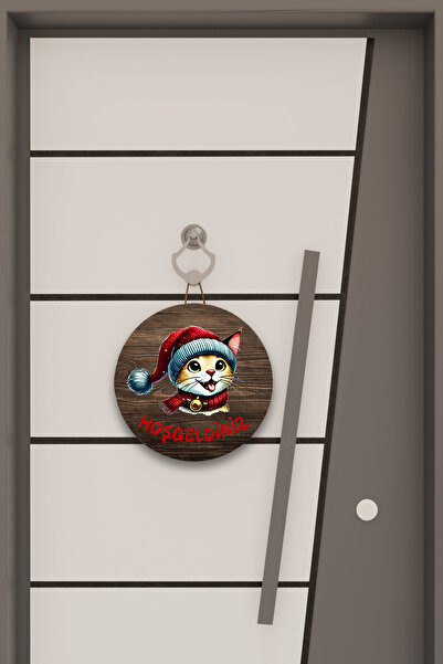 Dormot Decor pentru ușă cu model de pisică într-o pălărie roșie, decor de perete, imprimare digitală pe lemn