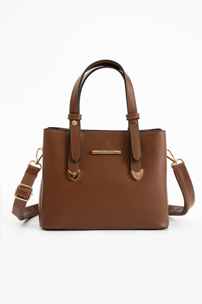 H&D COLLECTİON Women's Long Strap 4 Compartment Tan Shoulder and Handbag with Gold Accessories