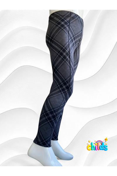 childs Plaid Gray Steel Interlock Medium Thick Cotton Lycra Girl's Ribbed Stitching Pants Leggings