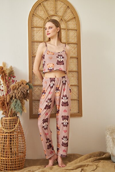 QUQUSTİL Women's Strap Crop Long Pajama Set Milky Brown Teddy Bear Model