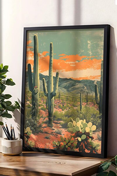 Saturn Pictură înrămată cu cactus Saguaro și plante de deșert - Pictură poster Pop Art