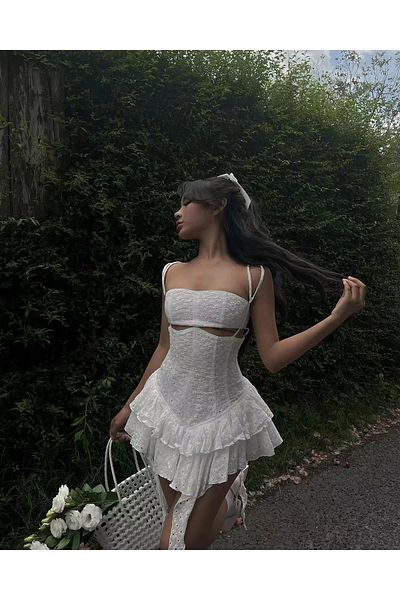 FASHION COCKTAIL Mini Guipure Scalloped Lace Design with Fringed Window Strap Bohemian Slim Summer Harajuku Dress