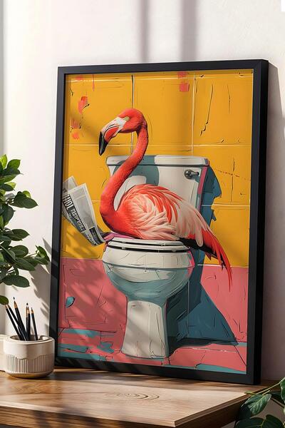 Saturn Flamingo Reading Newspaper on the Toilet Framed Painting - Pop Art Poster Painting