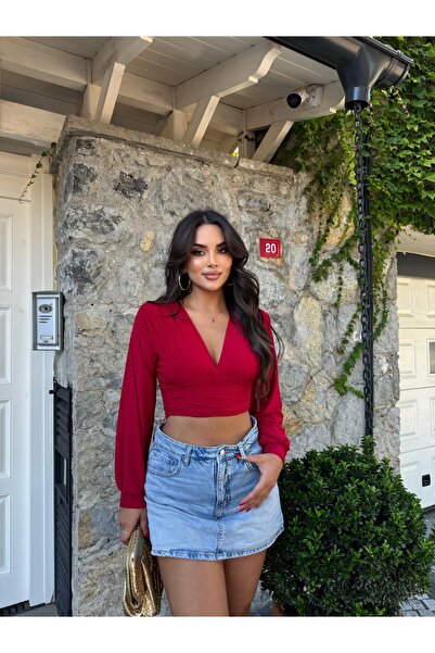 mekabutik Kırmızı V Yaka Sandy Bluz