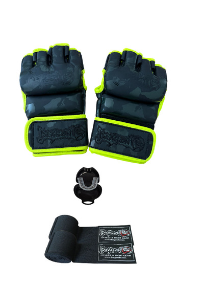 Dragondo CAMO MMA Eldiveni Bandaj ve Şeffaf Dişlik 3’lü Set – Neon Detaylı Açık Parmaklı MMA GLOVES