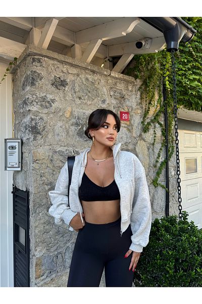 mekabutik Gray Zippered Crop Cardigan
