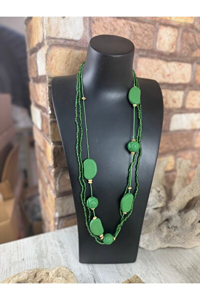 SEDEF TAKI Yeşil ahşap işlemeli kolye