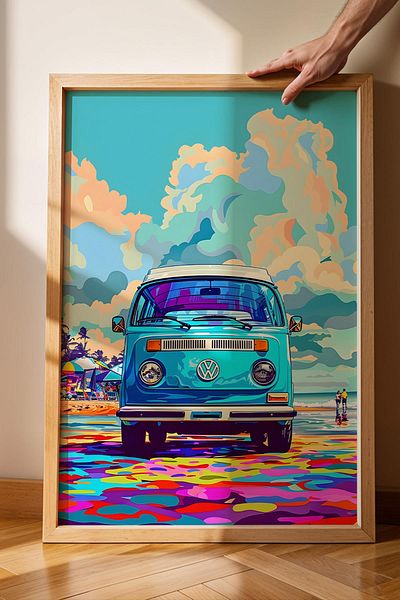 Saturn Volkswagen Minibus Retro Framed Painting - Pop Art Poster Painting