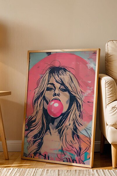 Saturn Bubble Gum Balloon Inflating Woman Framed Painting - Pop Art Poster Painting