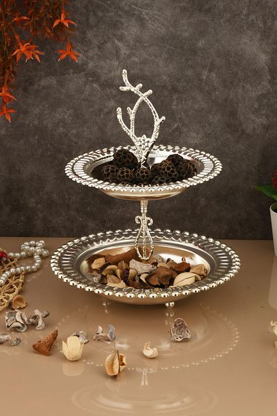 AKSESUAR EVRENİ Juni Luxury Silver Stainless Metal Presentation and Serving Tray Two-Tier Treat Tray with Decorative Feet