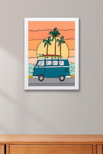 Saturn Journey to the Beach with Volkswagen Minibus Framed Painting - Pop Art Poster Painting