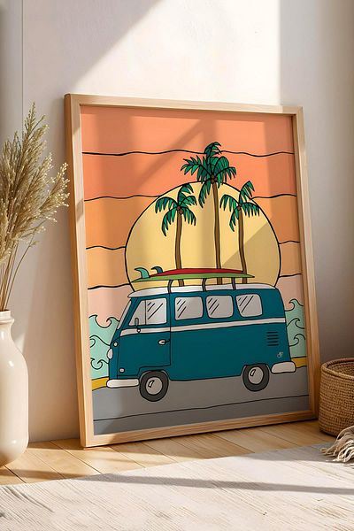 Saturn Journey to the Beach with Volkswagen Minibus Framed Painting - Pop Art Poster Painting
