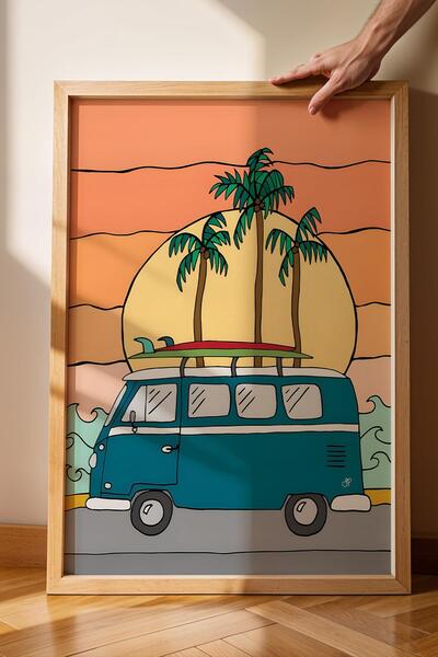 Saturn Journey to the Beach with Volkswagen Minibus Framed Painting - Pop Art Poster Painting