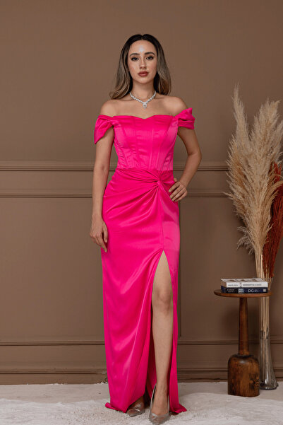 BEYBOS Βραδινό φόρεμα από σατέν ύφασμα με ντραπέ εκτός ώμου - ΦΟΥΚΙΔΑ