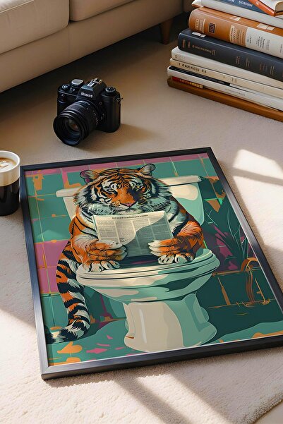 Saturn Tiger Reading Newspaper on the Toilet Framed Painting - Pop Art Poster Painting