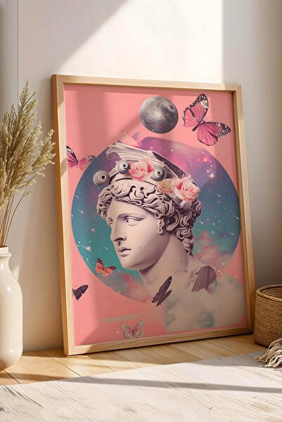 Saturn Surreal Bust in Space Wings Framed Painting - Pop Art Poster Painting