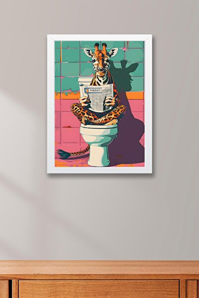 Saturn Giraffe Reading Newspaper on the Toilet Framed Painting - Pop Art Poster Painting