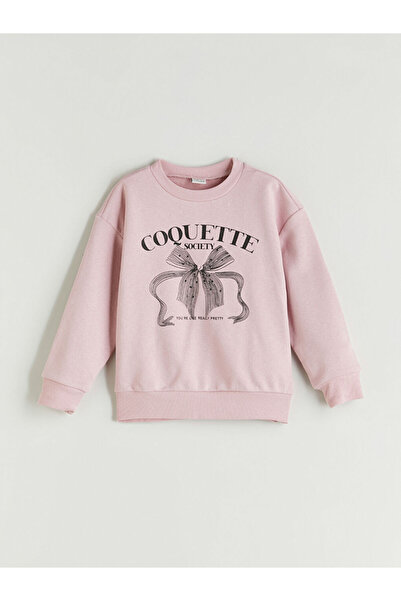 LC Waikiki Lilac Crew Neck Bow Printed Girl's Sweatshirt