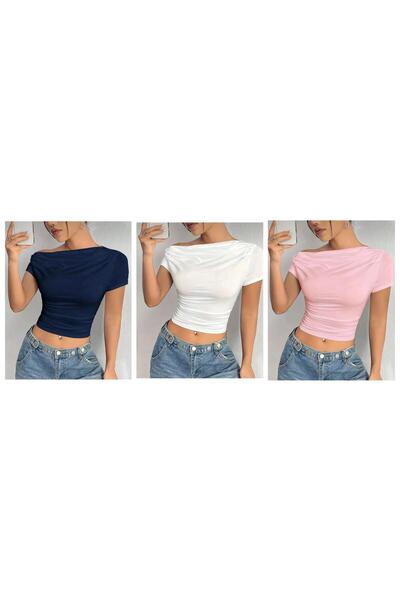 peri tower Advantageous Pack of 3 Navy Blue, Cream, Pink Women's Off-The-Shoulder Viscose Blouse with Pleat Detail