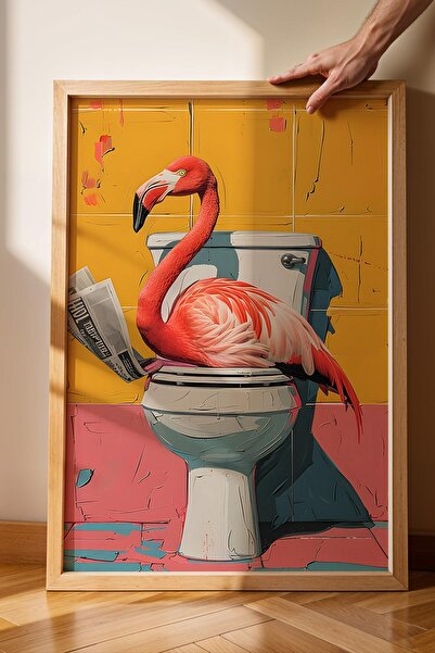 Saturn Flamingo Reading Newspaper on the Toilet Framed Painting - Pop Art Poster Painting
