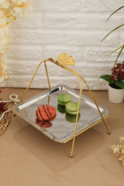 AKSESUAR EVRENİ Lilac Luxury Silver Stainless Metal Presentation and Serving Tray Decorative Footed Treat Plate Tray