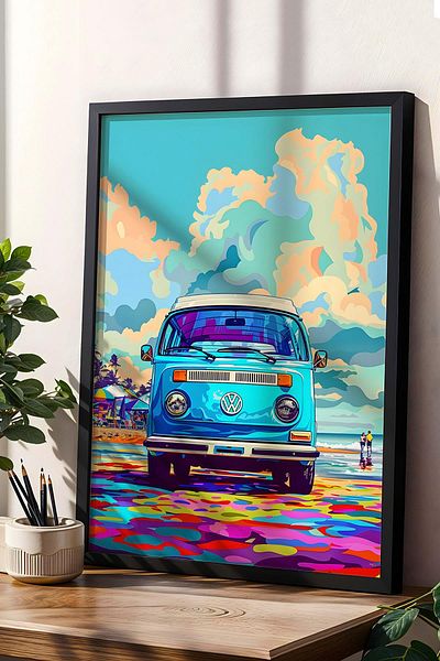 Saturn Volkswagen Minibus Retro Framed Painting - Pop Art Poster Painting