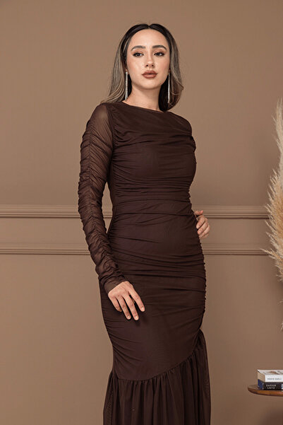 BEYBOS Tül Kumaş Büzgü Detaylı Kalem Elbise - KAHVERENGİ