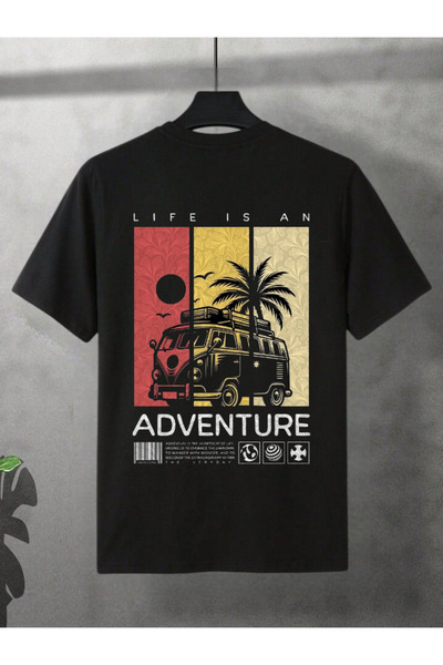 ELNOYA Unisex Cotton Black Oversize "Adventure" Printed Crew Neck Comfortable T-Shirt