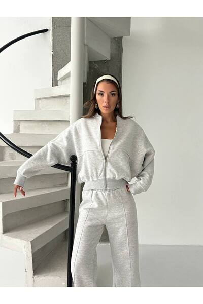 Zeynep Öykü Style Kadın 3 iplik İçi Şardonlu Penye Kumaş Çımalı Eşofman Takımı