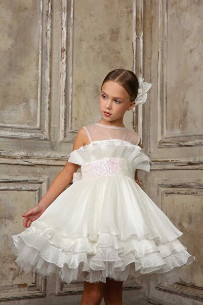 By Feyza Kids Collection kız çocuk Beyaz Abiye Elbise Payetli Fiyonklu Prenses Model Özel Tasarım Toka Hediyeli