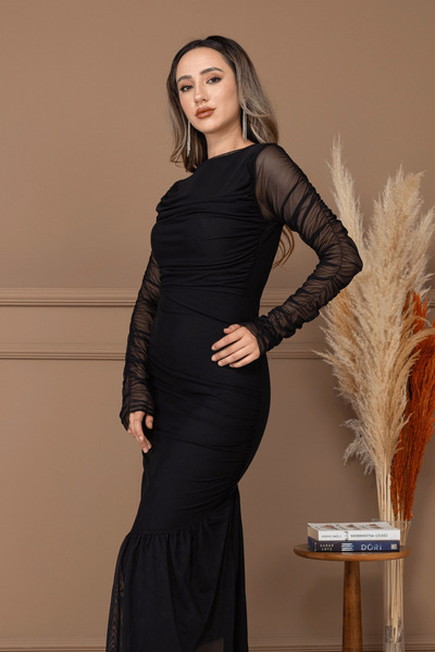 BEYBOS Tül Kumaş Büzgü Detaylı Kalem Elbise - SİYAH