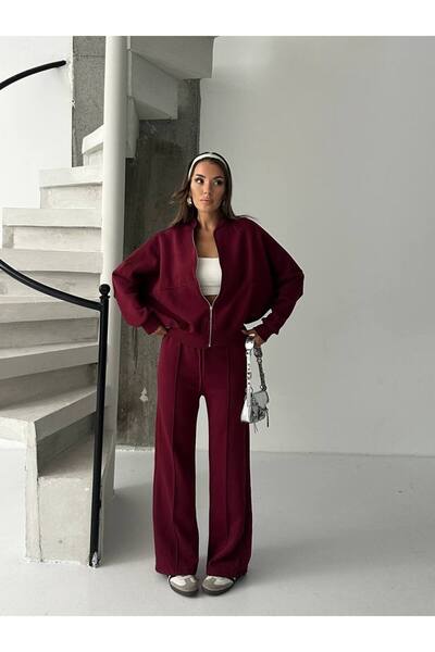 Zeynep Öykü Style Women's 3-Thread Inside Raised Combed Cotton Fabric Striped Tracksuit Set