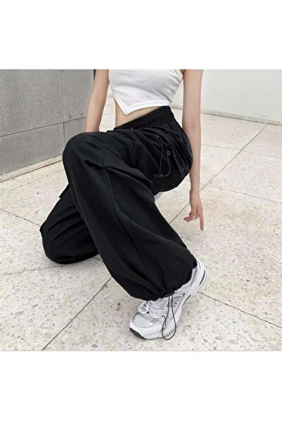 harmony factory Black Tile Pocket Detailed Street Elastic Y2K Gabardine Trousers