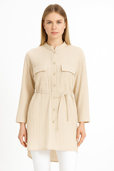 PALMİYE GİYİM Hakim Yaka Cep Detaylı Kuşaklı Kadın Gömlek Tunik