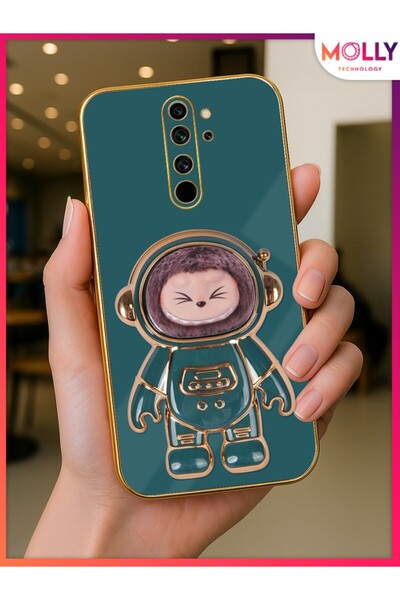 Molly Dark Green Labubu Astronaut Stand Gold Detailed Luxury Silicone Case for Xiaomi Redmi Note 8 Pro