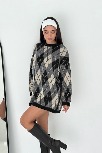 Noi Belis Oversize Plaid Patterned Crew Neck Sweater Aw25Kz0007