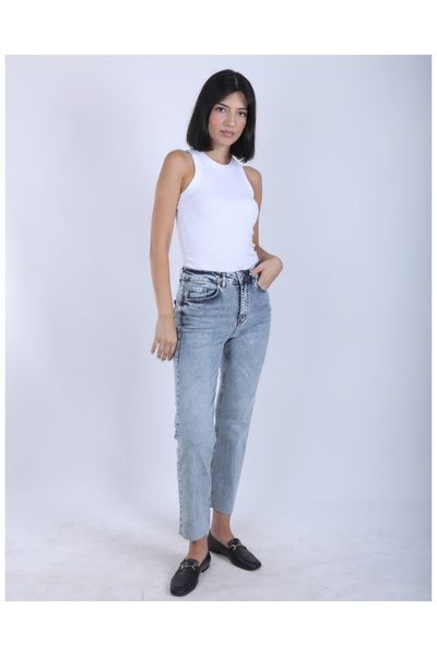 DEQ FASHION Women's Blue Cut Leg Boy Fit Jean Jeans