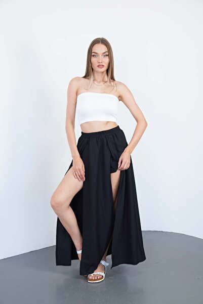 polle Fustă maxi neagră elastică pentru femei, cu pantaloni scurți cu dublu șliț