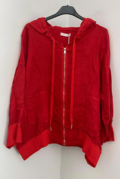 AYASOFYA OTANTIK Kadın İtalyan Kırmızı Kapüşonlu Fermuar Kapamalı Cepli Keten...