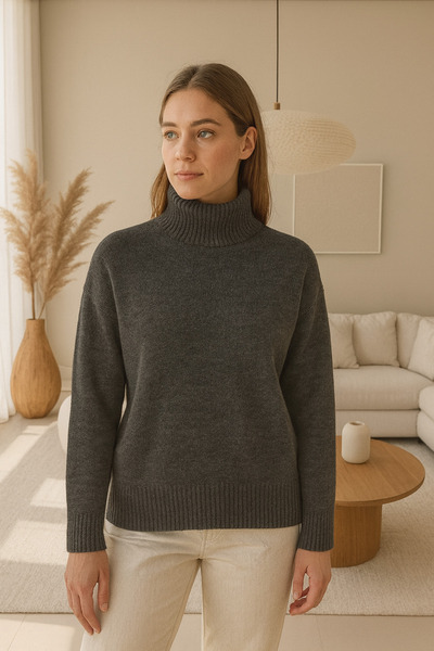 Noi Belis Basic Stand Collar Oversize Soft Textured Knitwear Sweater Aw25Kz0010