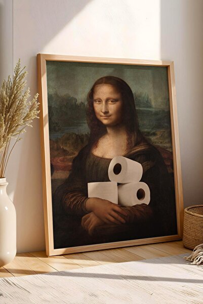 Saturn Tuvalet Kağıdı Tutan Mona Lisa Çerçeveli Tablo - WC Tuvalet İçin Tablo