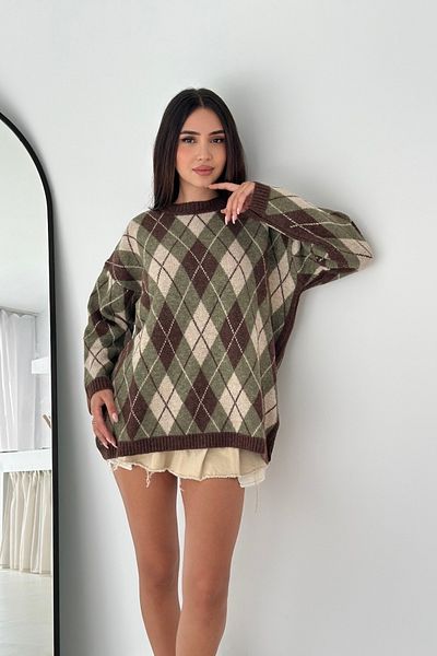 Noi Belis Oversize Plaid Patterned Crew Neck Sweater Aw25Kz0007