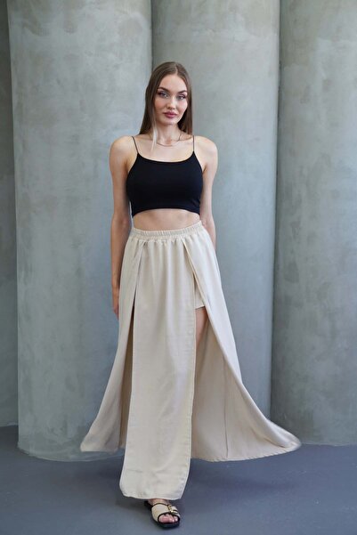 polle Fusta maxi crem pentru femei cu șliț dublu și pantaloni scurți