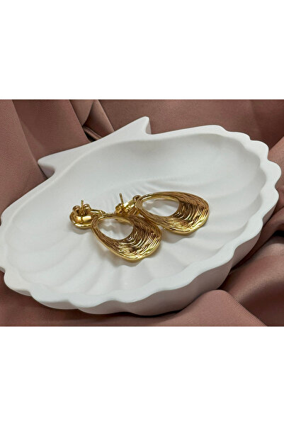 Oval Form Gold Küpe - Paslanmaz Çelik