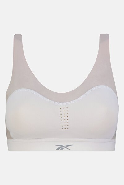 Reebok حمالة صدر رياضية مبطنة قليلاً بشعار العلامة التجارية للنساء، رمادي/أرجواني