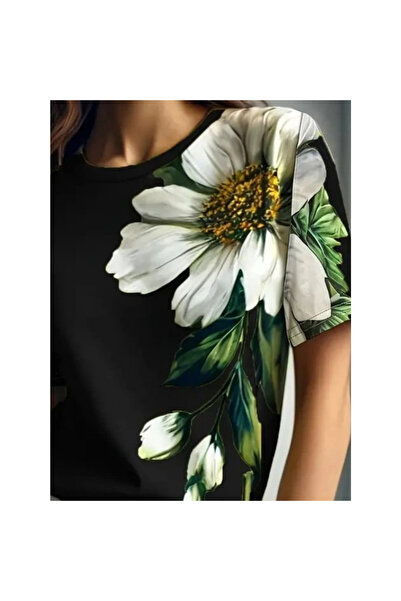Melek Moda Women's Short Sleeve Crew Neck Floral Printed Single Jersey Blouse